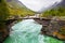 Small walk bridge over green river in Norway