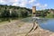 Small waterfall on Arno River in Florence, Italy.