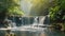 A small waterfall cascades down rocks in the middle of a lush forest, surrounded by towering trees, River with waterfall in a