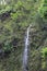 A small waterfall cascading down a volcanic cliffside covered in lush vegetation in a rain forest in Haiku, Maui