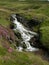 Small waterfall at a creek accompanied by purple heather running down green Hills at Glenshee Valley, Grampian Mountains, Scotland