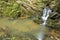 Small waterfall in a creek running among the rocks in the middle of a dense forest