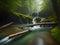 Small waterfall flowing into blue lake surrounded by rocks and green trees growing in forest on sunny day