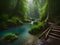 Small waterfall flowing into blue lake surrounded by rocks and green trees growing in forest on sunny day