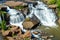 Small waterfall flowing down a rockface in the forest