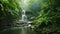 A small waterfall flows gently amidst a dense forest, creating a peaceful scene, River base waterfall in a thick rainforest