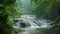 A small waterfall flows steadily over rocks, creating a picturesque scene in the middle of a dense forest, River with waterfall in