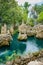 Small waterfall and green pond in shady garden