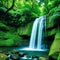 a small waterfall in the middle of a lush green