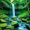 a small waterfall in the middle of a lush green