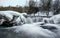 Small waterfall on river in winter, long exposure makes water milky smooth, snow and ice around, morning sun setting up distant