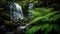 a small waterfall surrounded by lush green plants in a forest.