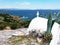 The small white Agios Nikolaos Church, Rafina, Greece.