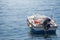 Small white blue motorized boat anchored on the shore