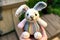 Small white bunny in hands cute kits knitted toys