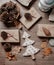 Small white Christmas tree with Christmas or New year gifts. Holiday decor concept. Toned picture. Top View. Flat lay.