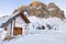 Small white church at Passo Falzarego near La Villa village, Dolomites Mountains