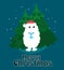 A small white cute snowman stands against the background of Christmas trees. Merry Christmas text. Christmas scene.