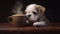 Small white dog with cup of coffee on table