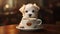 Small white dog with cup of coffee on table