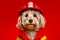 Small white dog wearing fireman's hat and red shirt. Generative AI