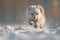 A small white fox energetically running through snowy terrain