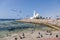 Small white mosque built on the Corniche right on the shores of the Red Sea in Jeddah, Saudi Arabia