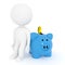 Small white people with blue piggy bank for savings on isolated white background in 3D rendering