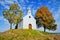 Small white rural chapel on the green hill surrounded by two autumn trees