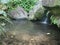 A small wild waterfall falls into a basin