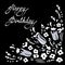 Small wildflowers. Happy Birthday square card. White and gray flowers on a black background. Hand-drawn collection. Vec