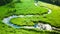 Small winding river among green swamps, aerial view