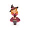 Small witch girl holding bowler full of candies, cute kid in halloween costume vector Illustration