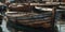 Small wooden boats in marina next to piers, AI generative image
