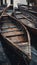 Small wooden boats in marina next to piers, AI generative image