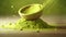 Small wooden bowl with powdered matcha green tea, on the table with light green background. Organic antioxidant matcha powder,