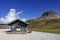 Small wooden capanna near Rifugio Capanna Cervino in north of Passo Rolle.