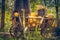 Small wooden cart filled with vibrant, freshly picked orange pumpkins and squash