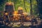 Small wooden cart filled with vibrant, freshly picked orange pumpkins and squash