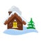 Small wooden cottage with yellow window, pipe and green pine are in snowdrift.