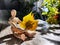 Small wooden figurine with a bouquet of autumn yellow birch leaves, bathed in sunlight, surrounded by shadows and