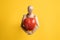 Small wooden figurine gently hugs a large red tomato in the form of a heart, a symbol of love. Yellow background