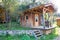 Small wooden houses at a climbing camp