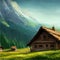 Small wooden houses in forest against backdrop mountains. Beautiful peaceful