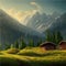 Small wooden houses in forest against backdrop mountains. Beautiful peaceful