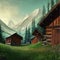Small wooden houses in forest against backdrop mountains. Beautiful peaceful