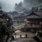 Small Wooden Houses in Small Mountain Villages in China in the Rain