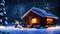 A small wooden hut in a landscape with bokeh of falling snow and a snowman