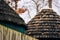 Small wooden huts situated on top of a verdant hillside