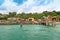 Small wooden pier city of Manerba del Garda is a quiet resort town on the Western shore of lake Garda